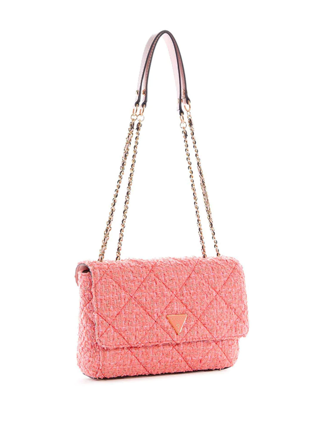 GUESS Womens Coral Pink Tweed Cessily Convertible Crossbody Bag TC767921 Side View