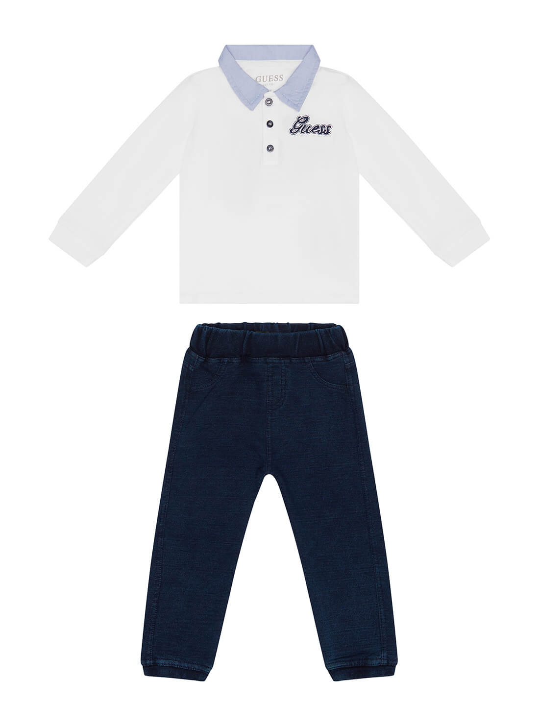 GUESS Kids Boys White Polo and Knit Denim Pants 2-piece Set (3-18m) I1BG07I3Z11 Front View