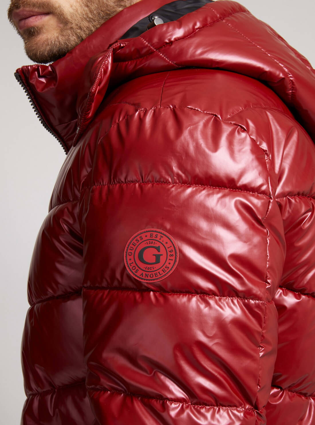 Guess men's red puffer on sale jacket