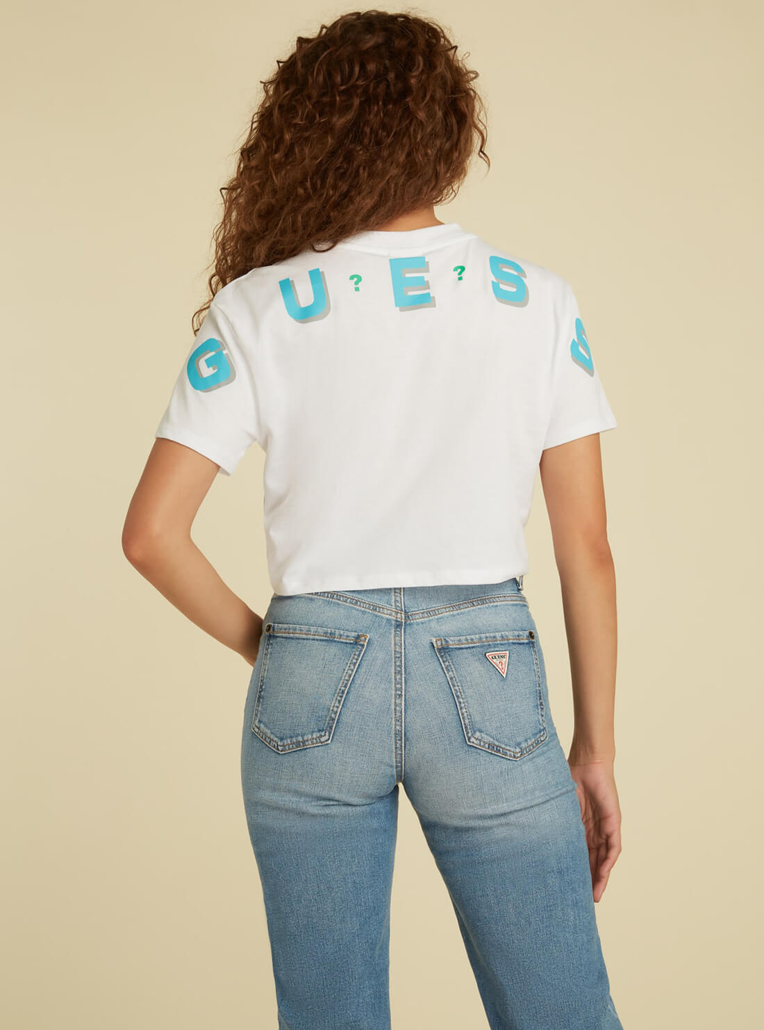 GUESS Womens GUESS Originals White Arch Logo Crop T-Shirt W1GI12R9YD1 Back View