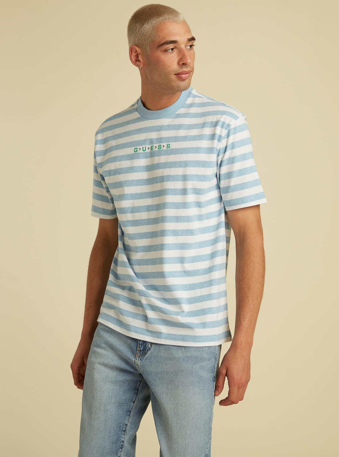 GUESS Mens GUESS Originals Blue Striped Logo T-Shirt M1GI12RAGP0 Model Front View