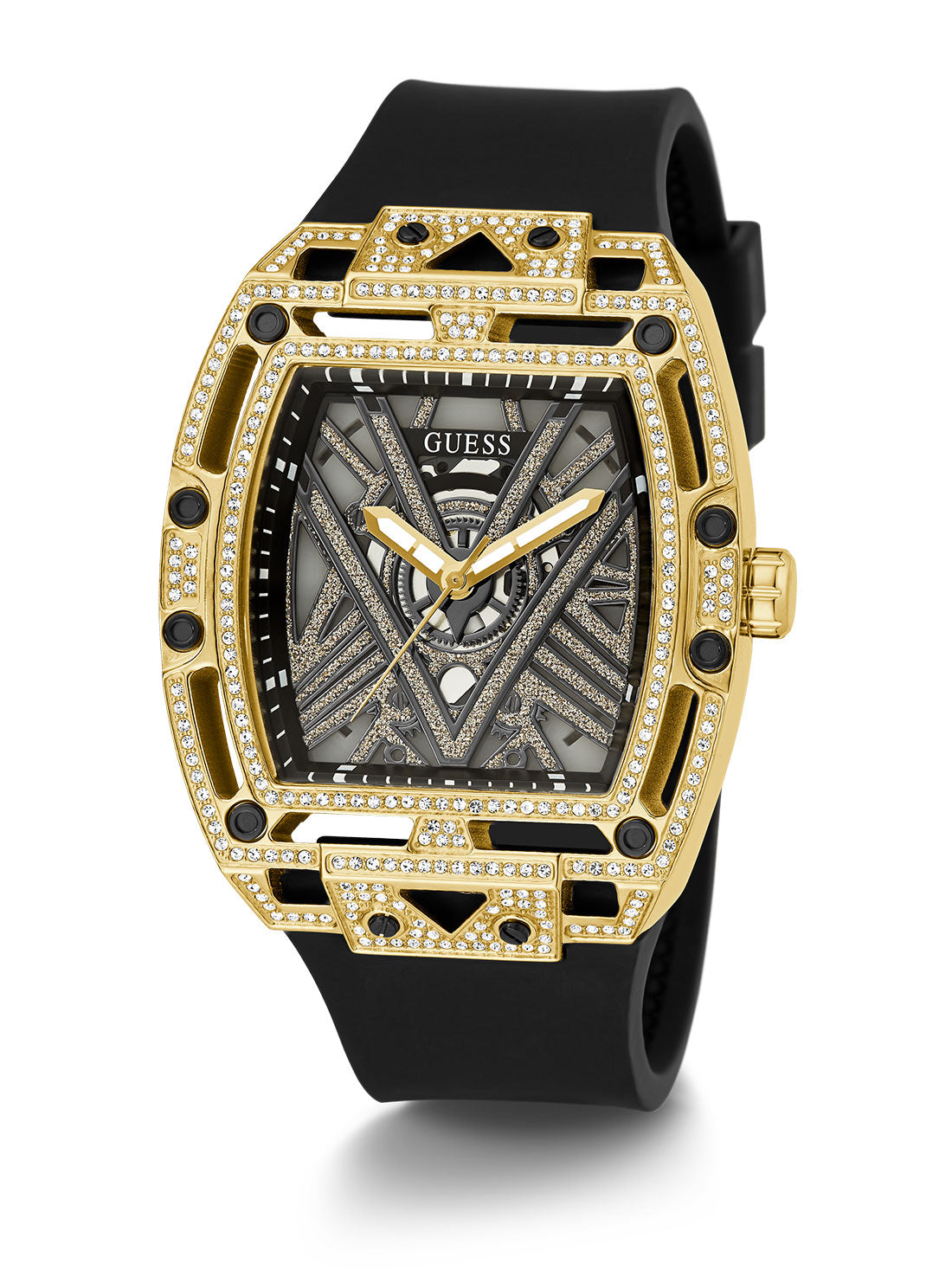 GUESS Men's Black Gold Legend Silicone Glitz Watch GW0564G1 Full View