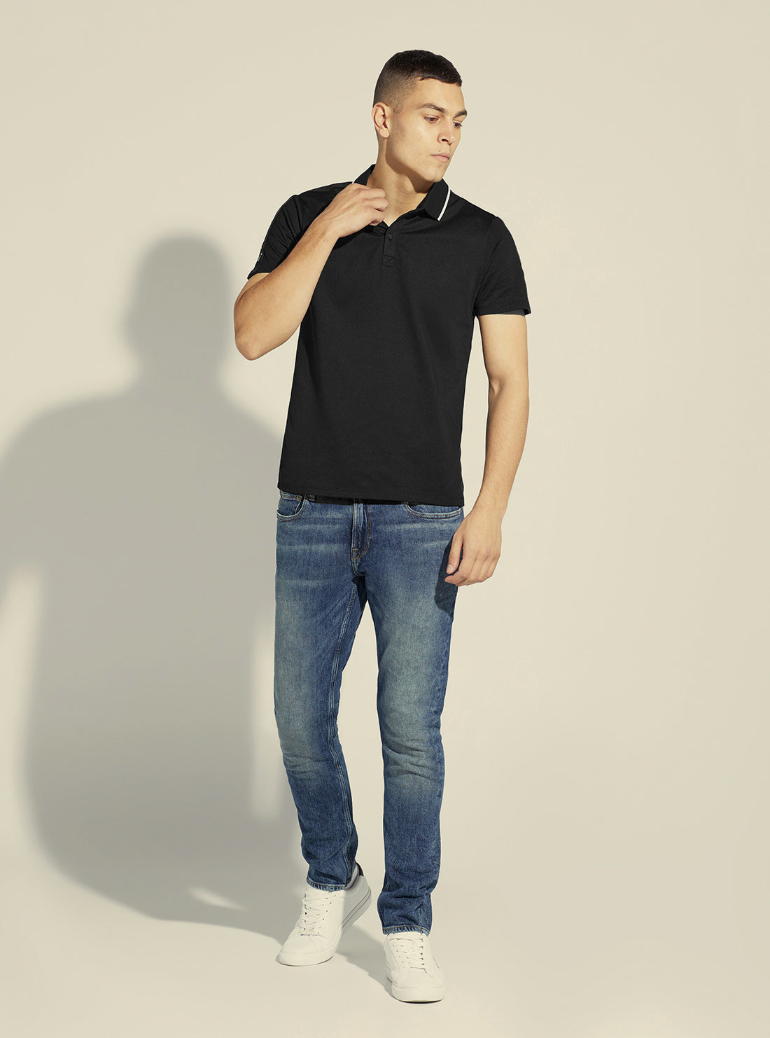 GUESS Men's Black Paul Pique Tape Polo T-Shirt M2YP25KARS0 Full View