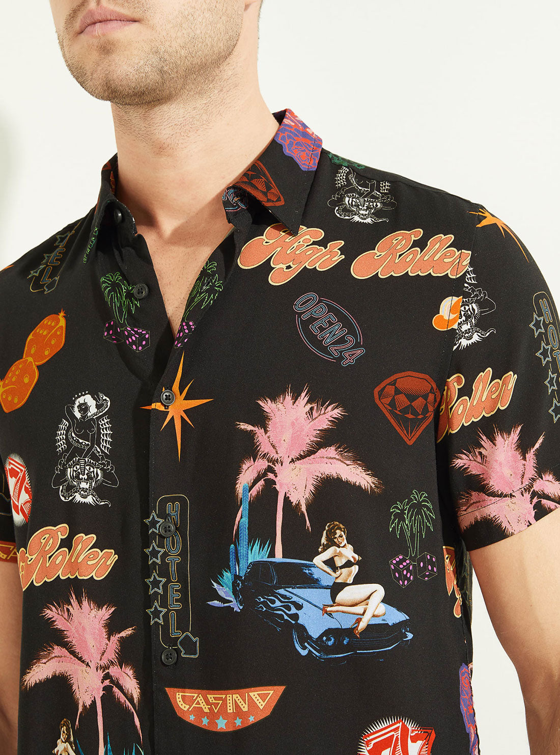 GUESS Men's Eco Black Road Trippin Rayon Shirt M2YH47WD4Z2 Detail View
