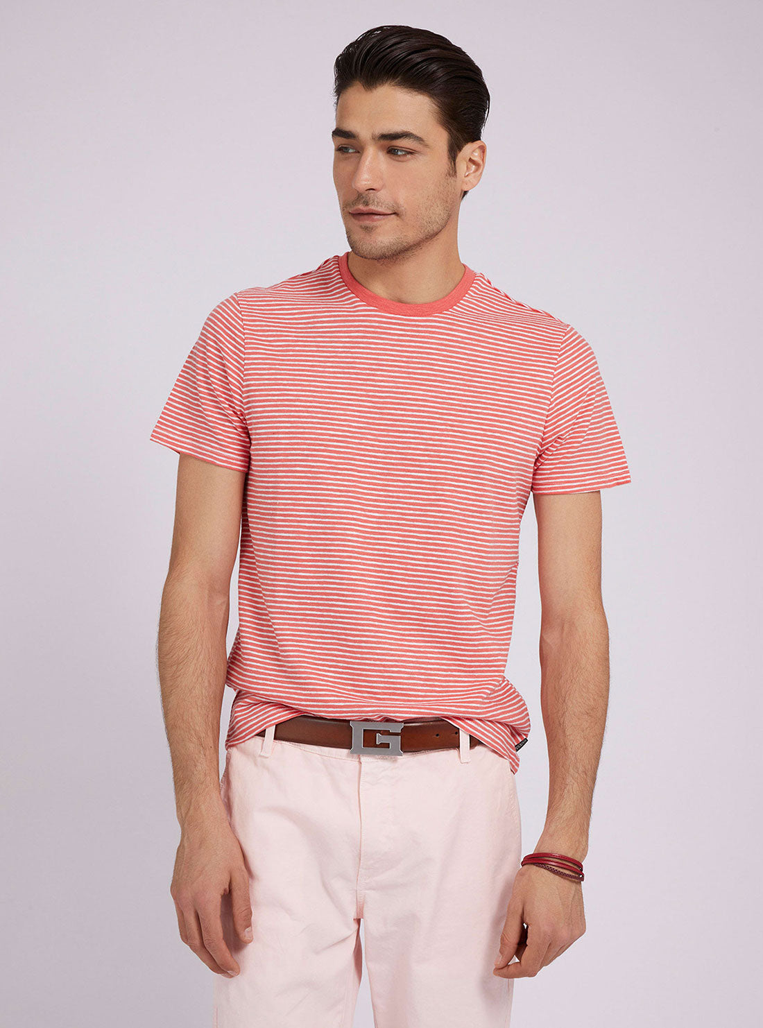 Eco Cranberry Splash Linen Pinstripe T-Shirt