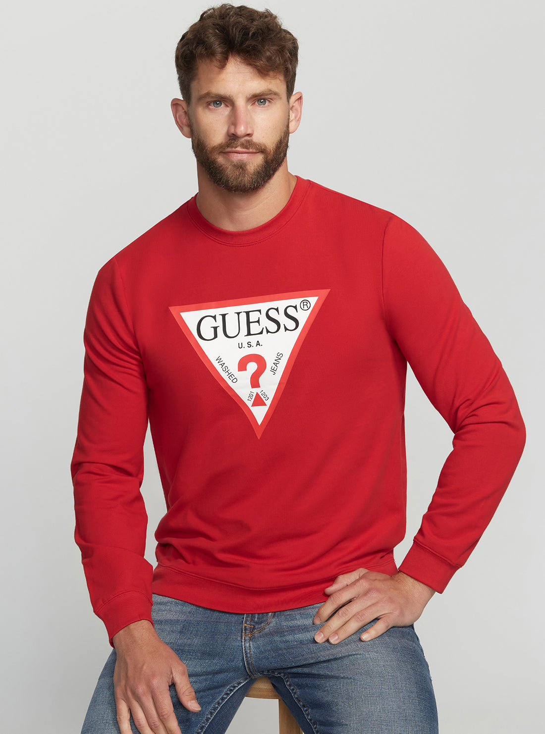 GUESS Men's Eco Red Audley Logo Jumper M2YQ37K6ZS1 Seated View