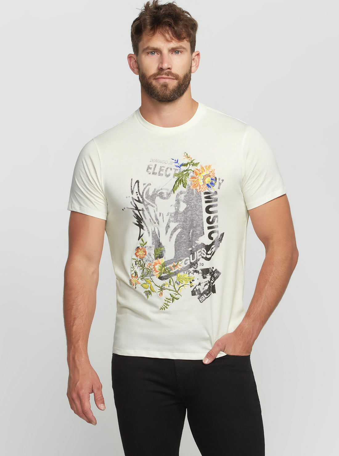 GUESS Men's Eco White Electric Music T-Shirt M2BI77K9RM3 Front View