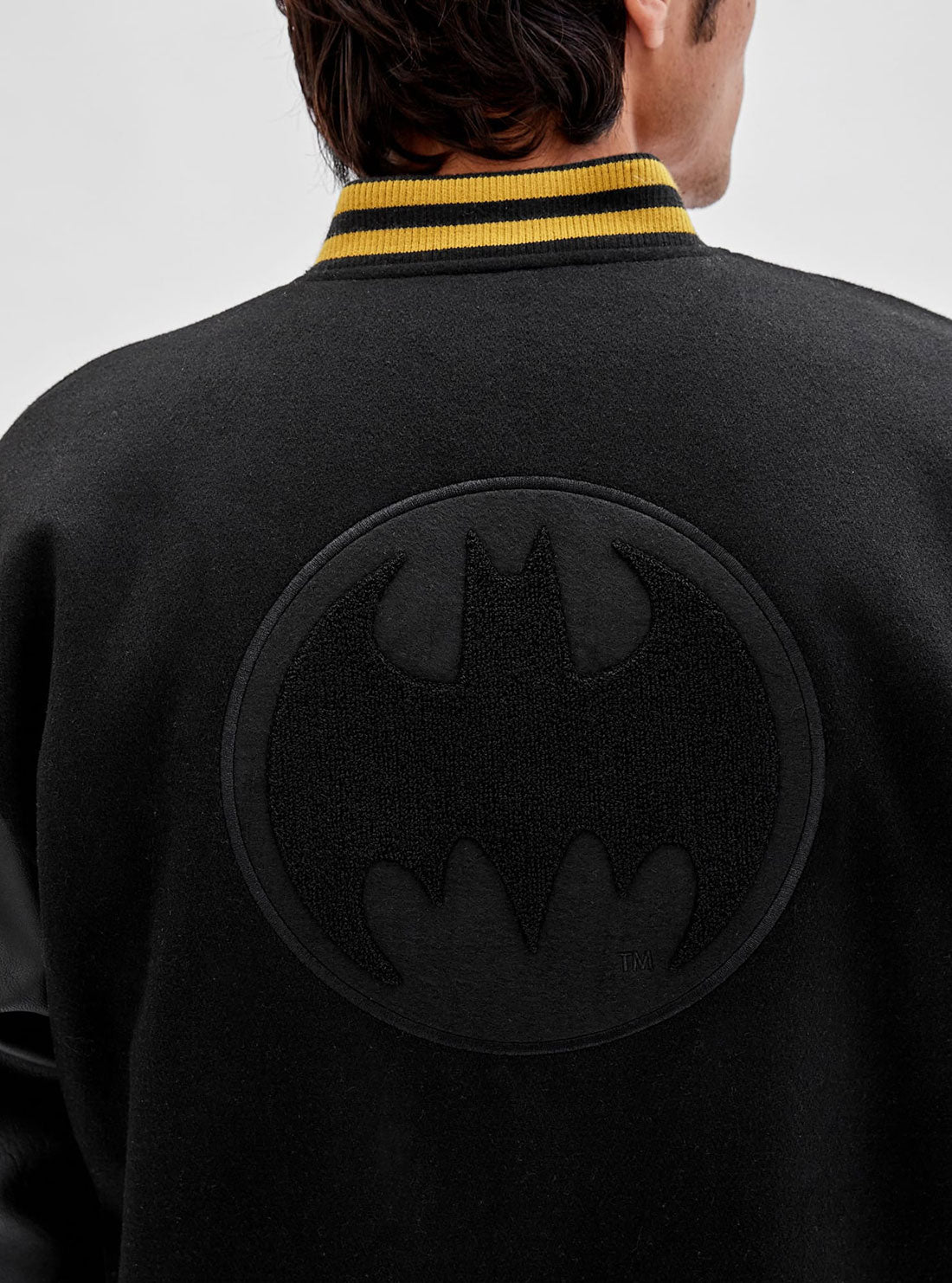 GUESS Men's Guess Originals x Batman Black Letterman Jacket M2BL08WEV60 Back Detail View