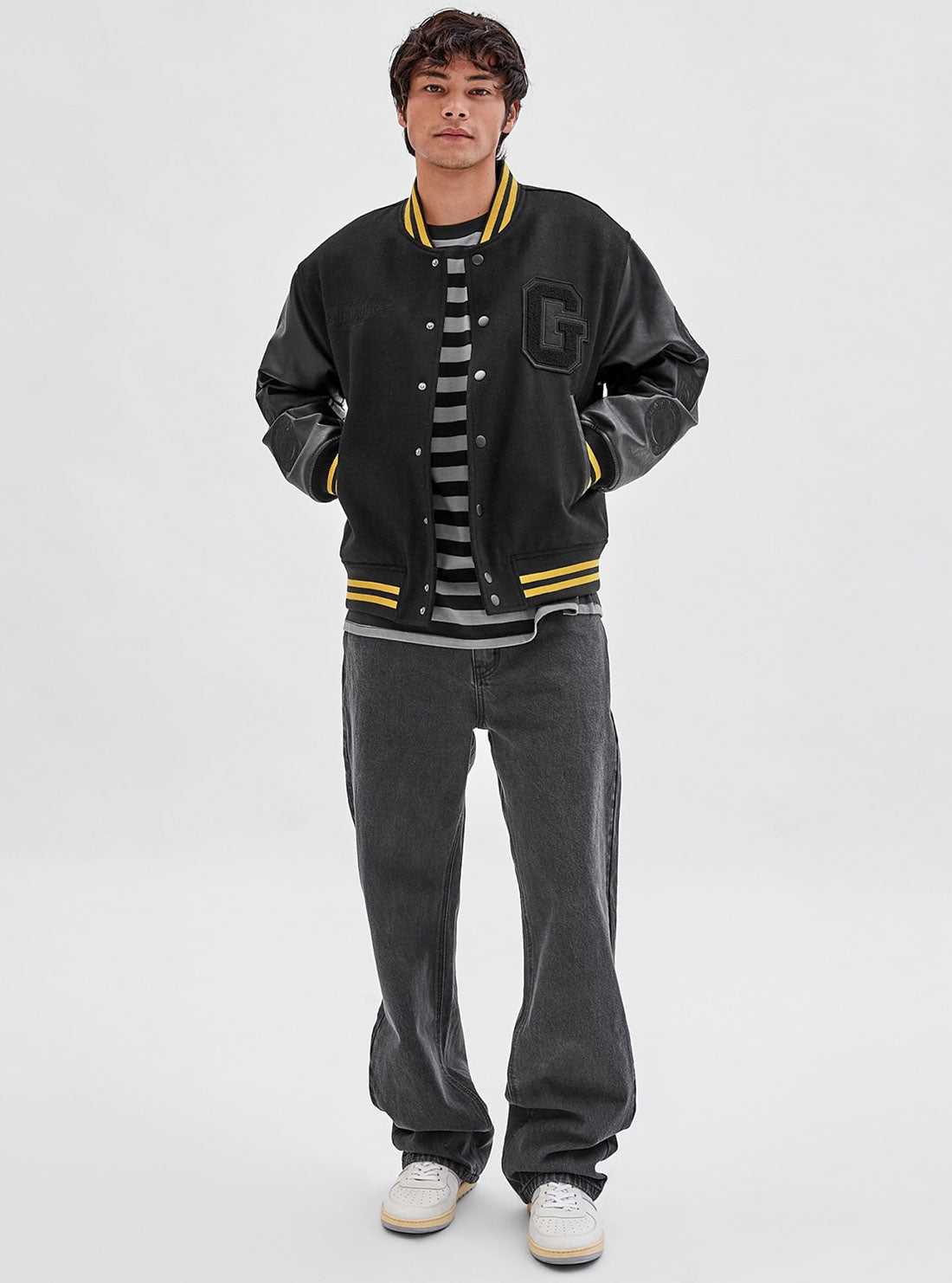 GUESS Men's Guess Originals x Batman Black Letterman Jacket M2BL08WEV60 Full View