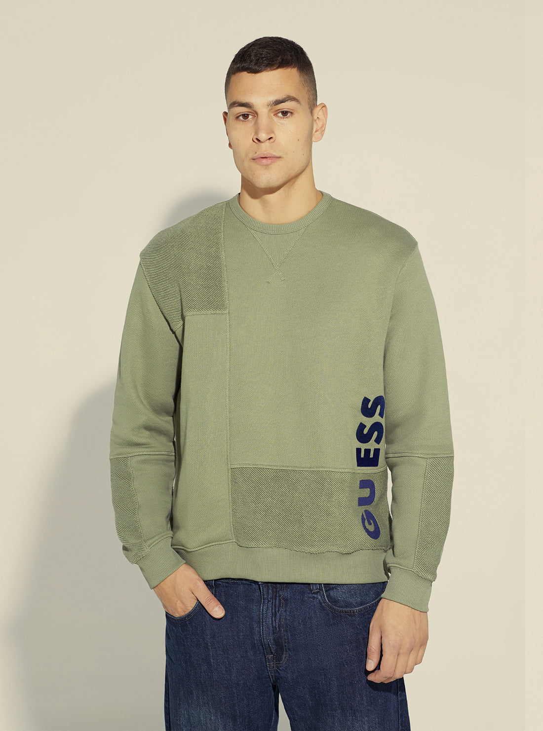 GUESS Men's Mossy Green Kuno Fleece Jumper M2YQ11KB871 Front View