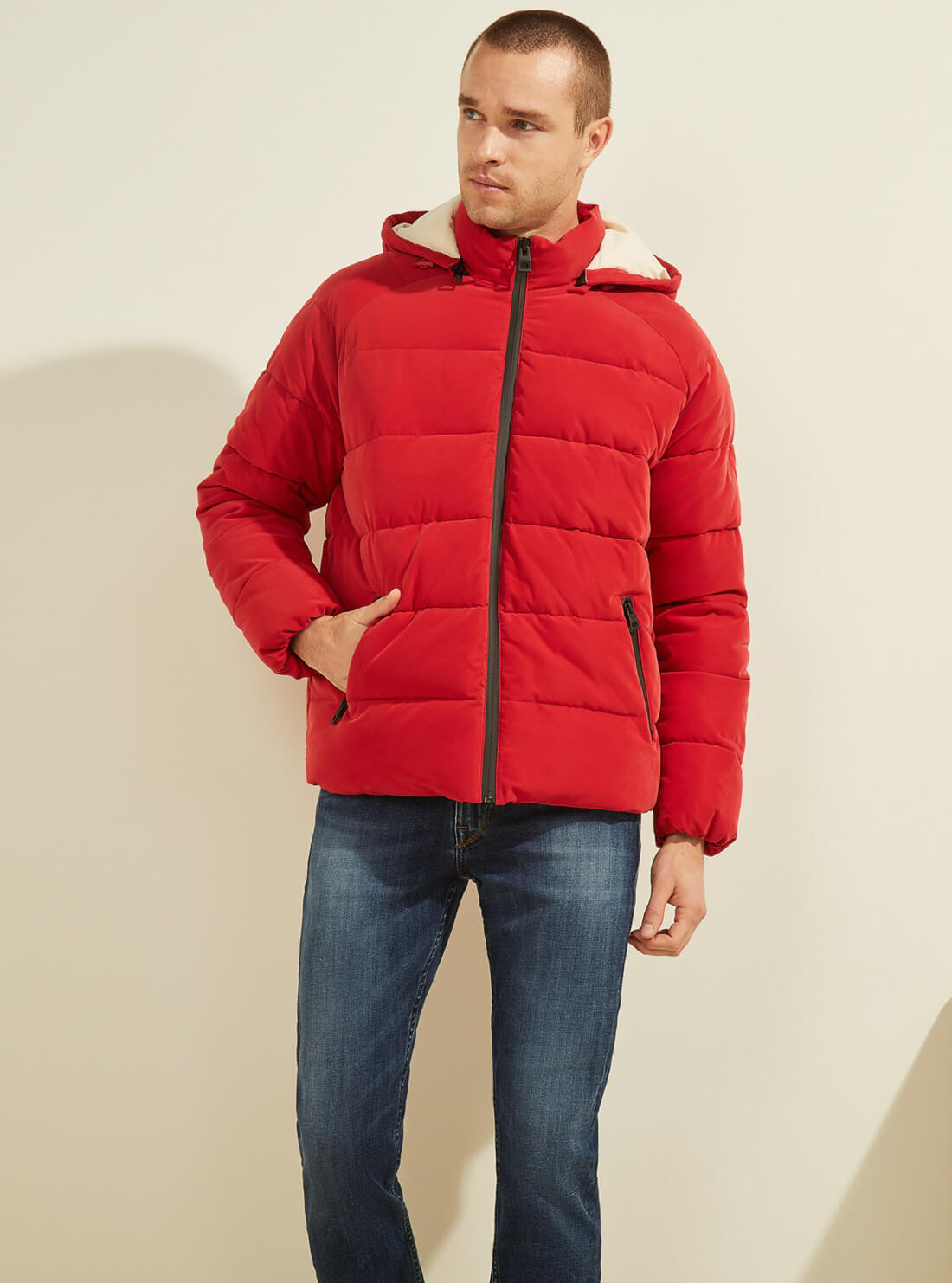 Guess red puffer outlet jacket