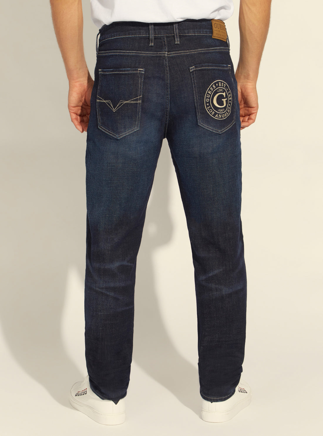 GUESS Mens Mid-Rise Slim Tapered Drake Denim Jeans in Dark Conifer Wash M1BA37D4HR1 Back View