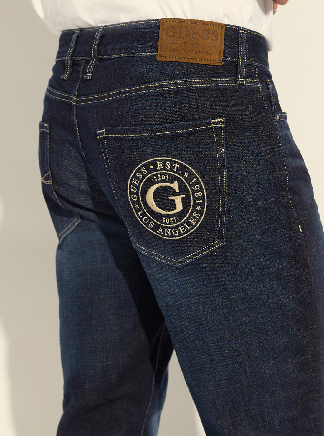GUESS Mens Mid-Rise Slim Tapered Drake Denim Jeans in Dark Conifer Wash M1BA37D4HR1 Detail View