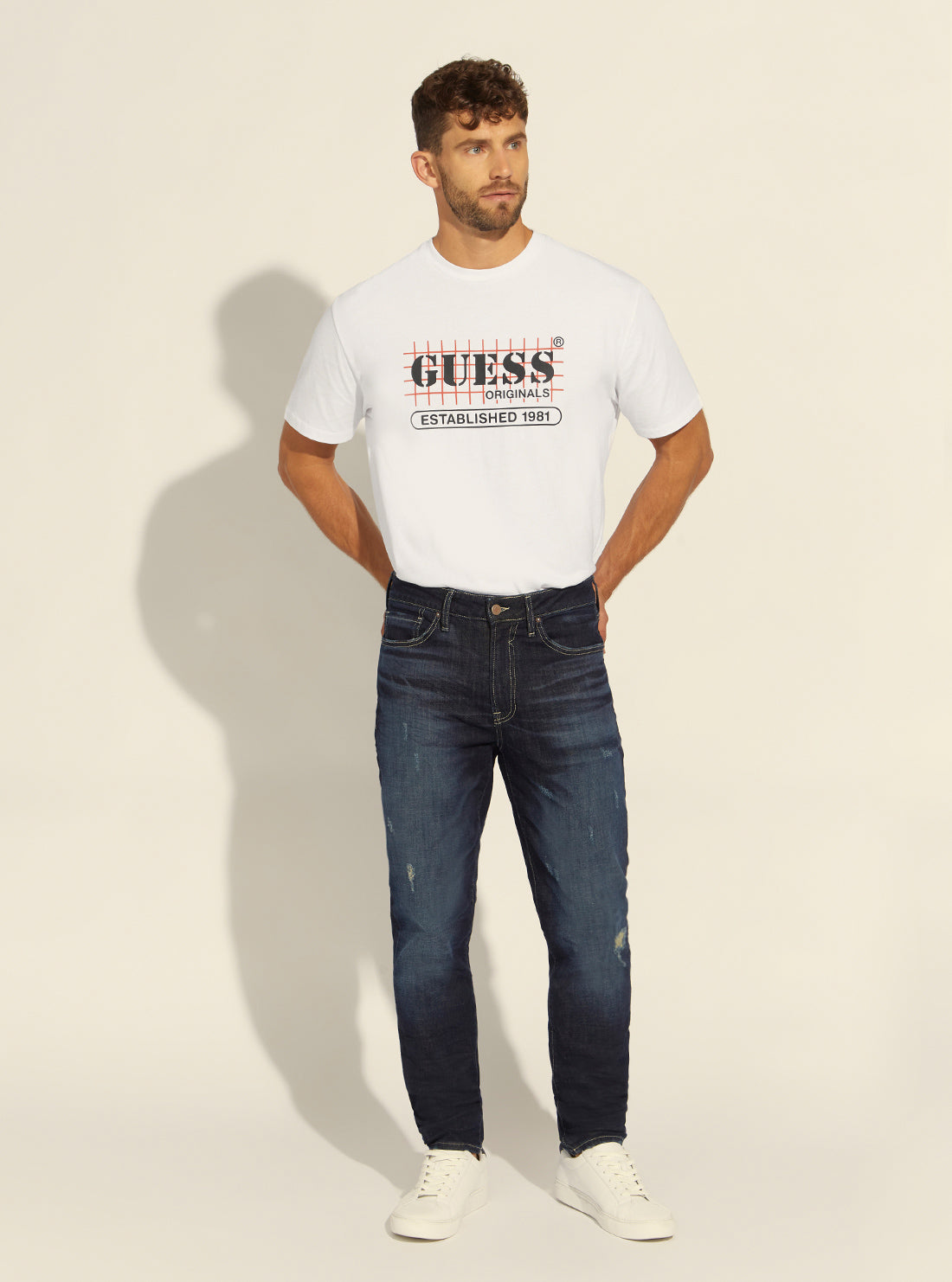 GUESS Mens Mid-Rise Slim Tapered Drake Denim Jeans in Dark Conifer Wash M1BA37D4HR1 Full View