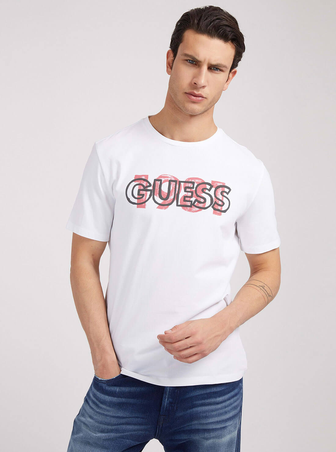 GUESS Mens Eco White Orwell Logo T-Shirt M2GI09J1311 Front View