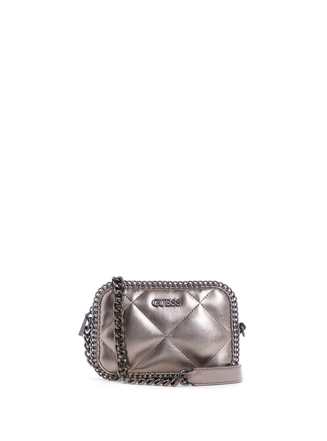 GUESS Womens  Metalic Pewter Quilted Khatia Crossbody Camera Bag MM838114 Front View