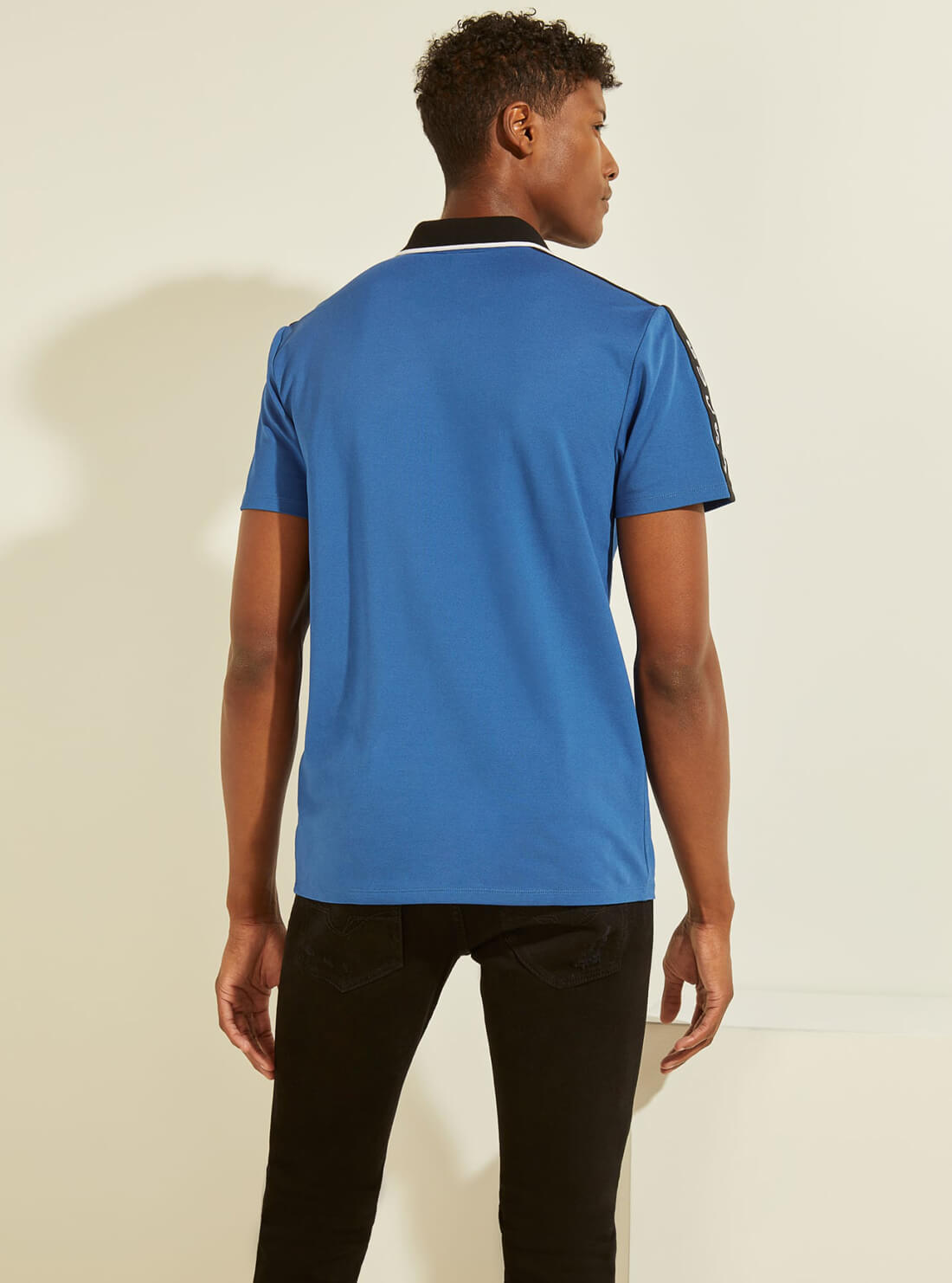 GUESS Mens Electric Blue Pique Logo Taping Polo T-Shirt M91P71R7PU0 Back View