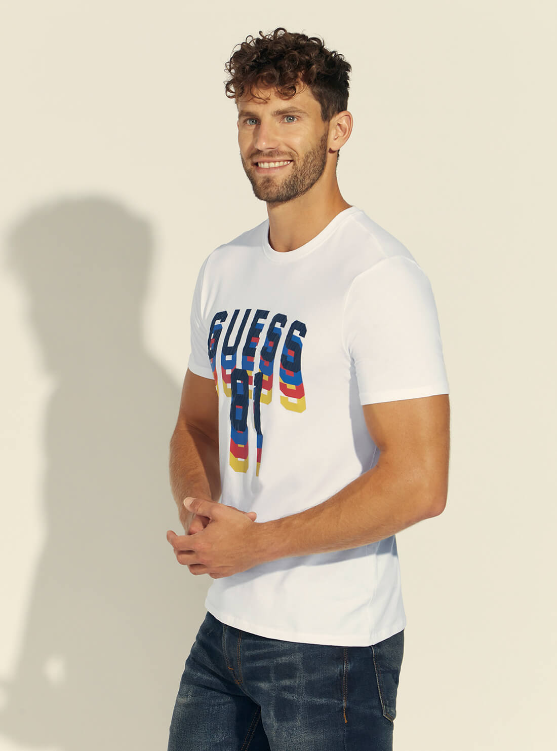 GUESS Pure White Dripping Logo Mens Tee Side Model View