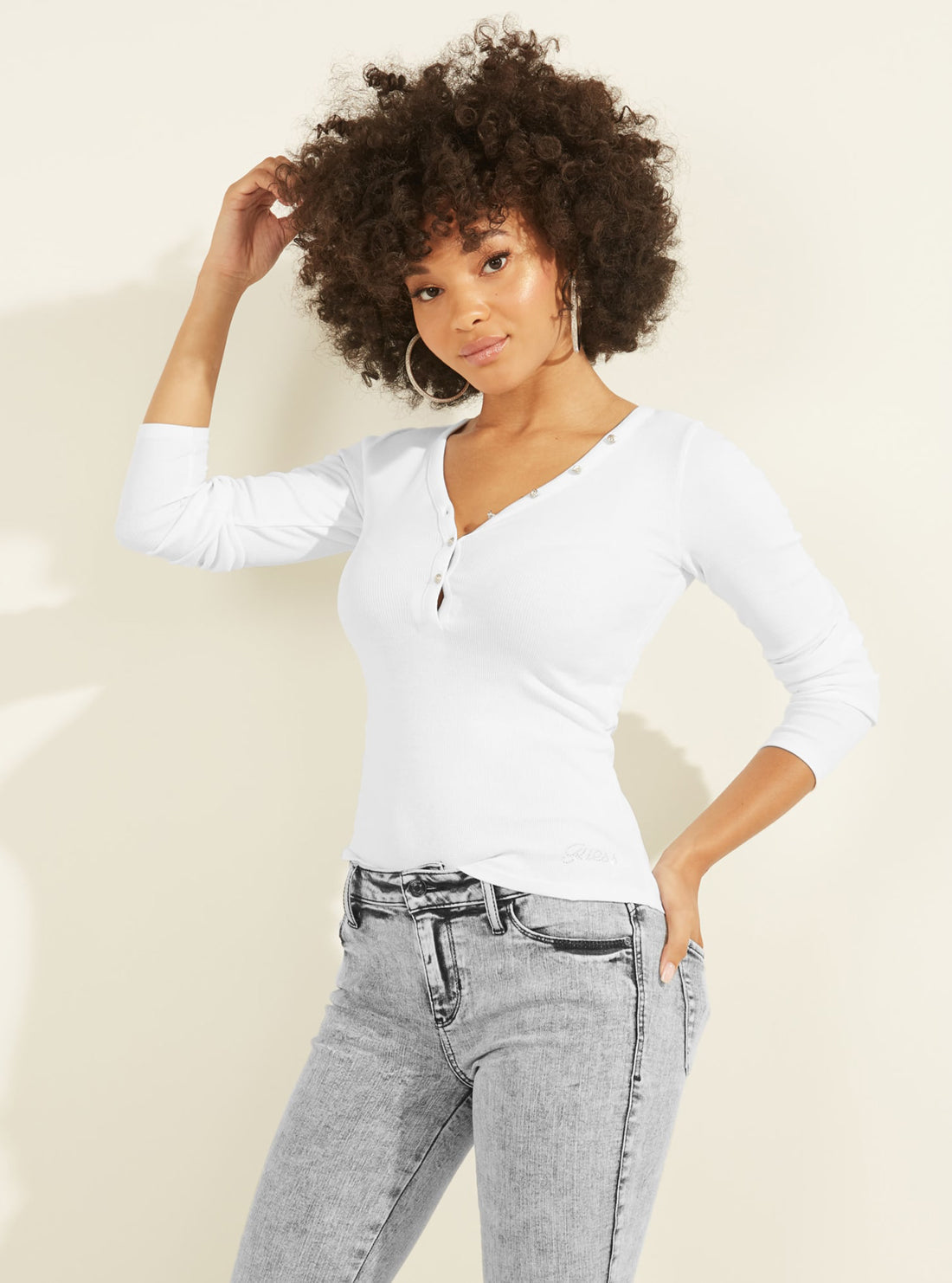 Eco White Rhinestone Logo Henley Top GUESS - Main Image