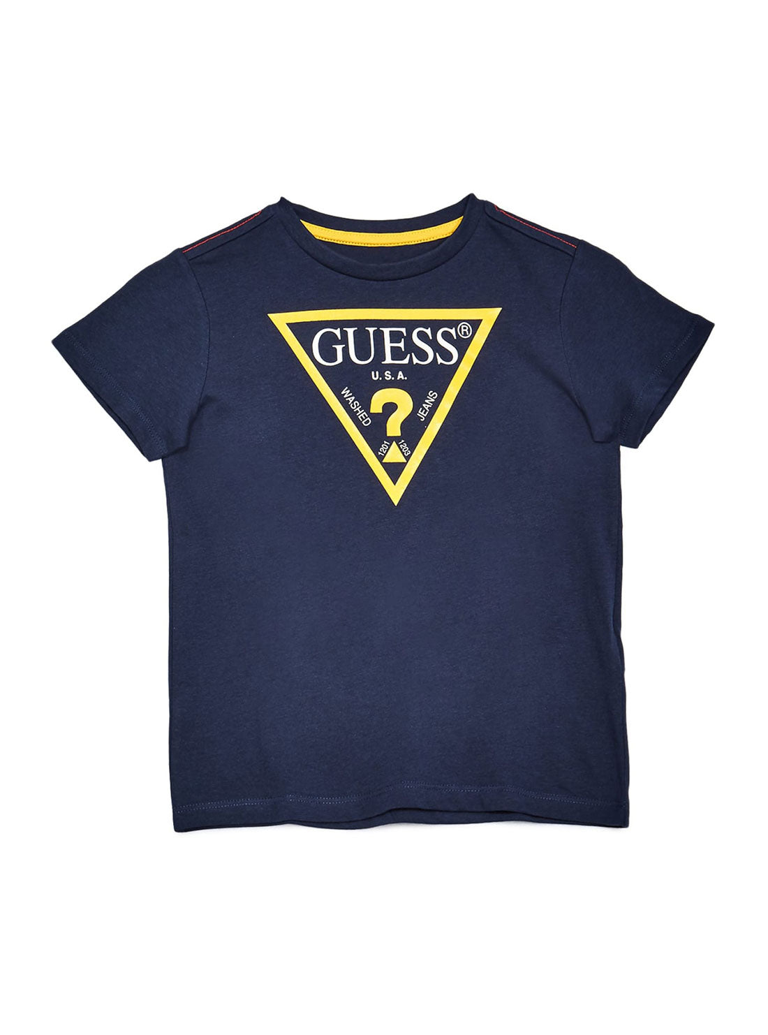 GUESS Little Boys Navy Blue Short Sleeve Triangle Logo Tee (2-7)  N73I55K5M20 Front View
