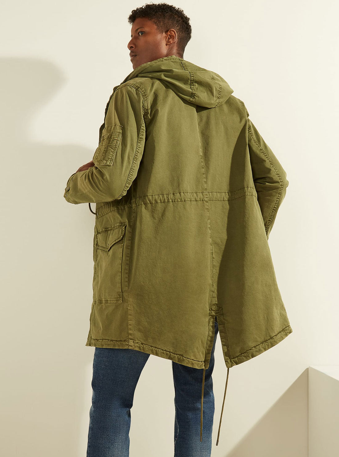 GUESS Twill Hoodie Mens Green Parka Jacket back view