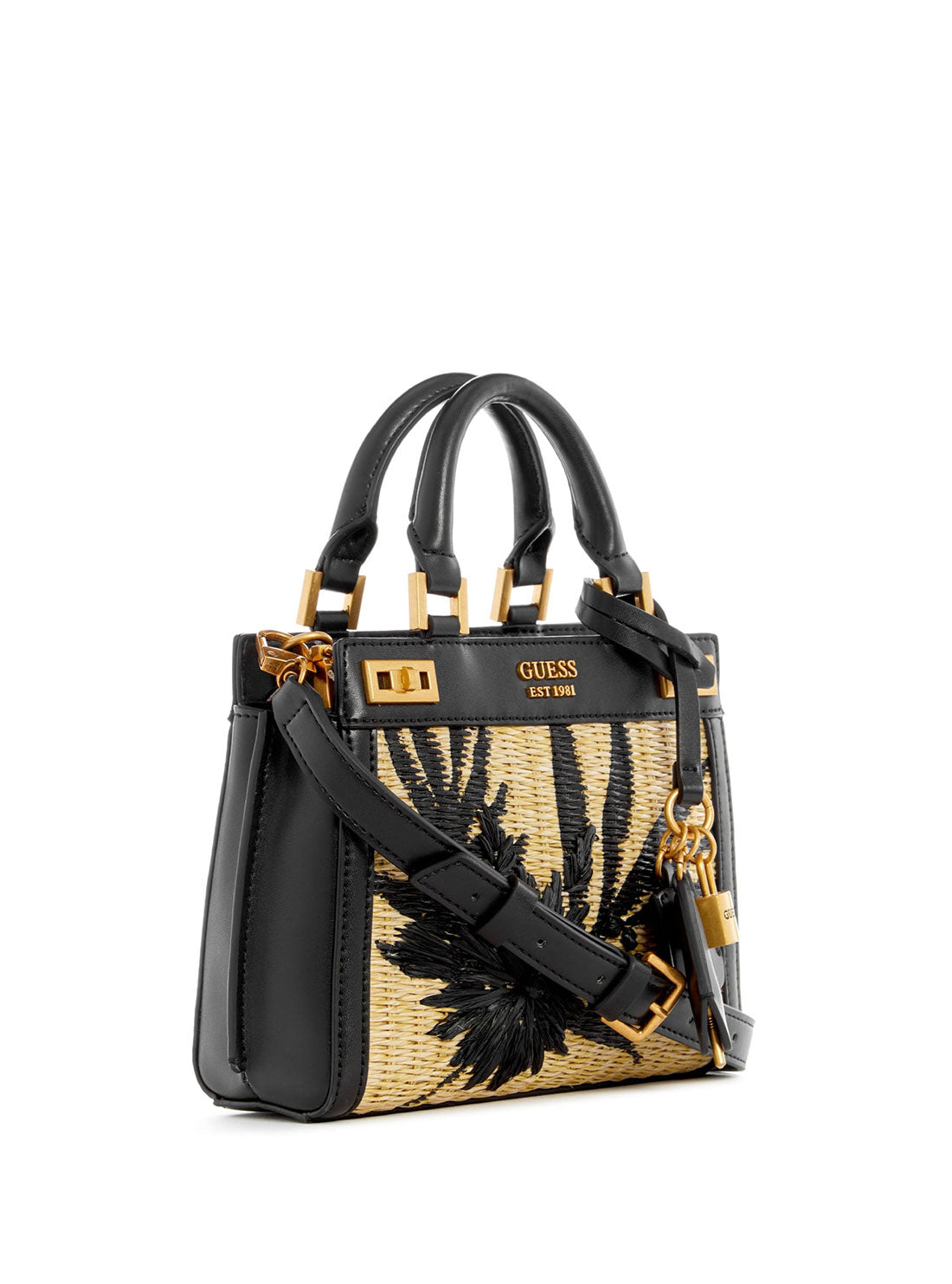 GUESS Women's Black Floral Katey Mini Satchel Bag WA787073 Front Side View