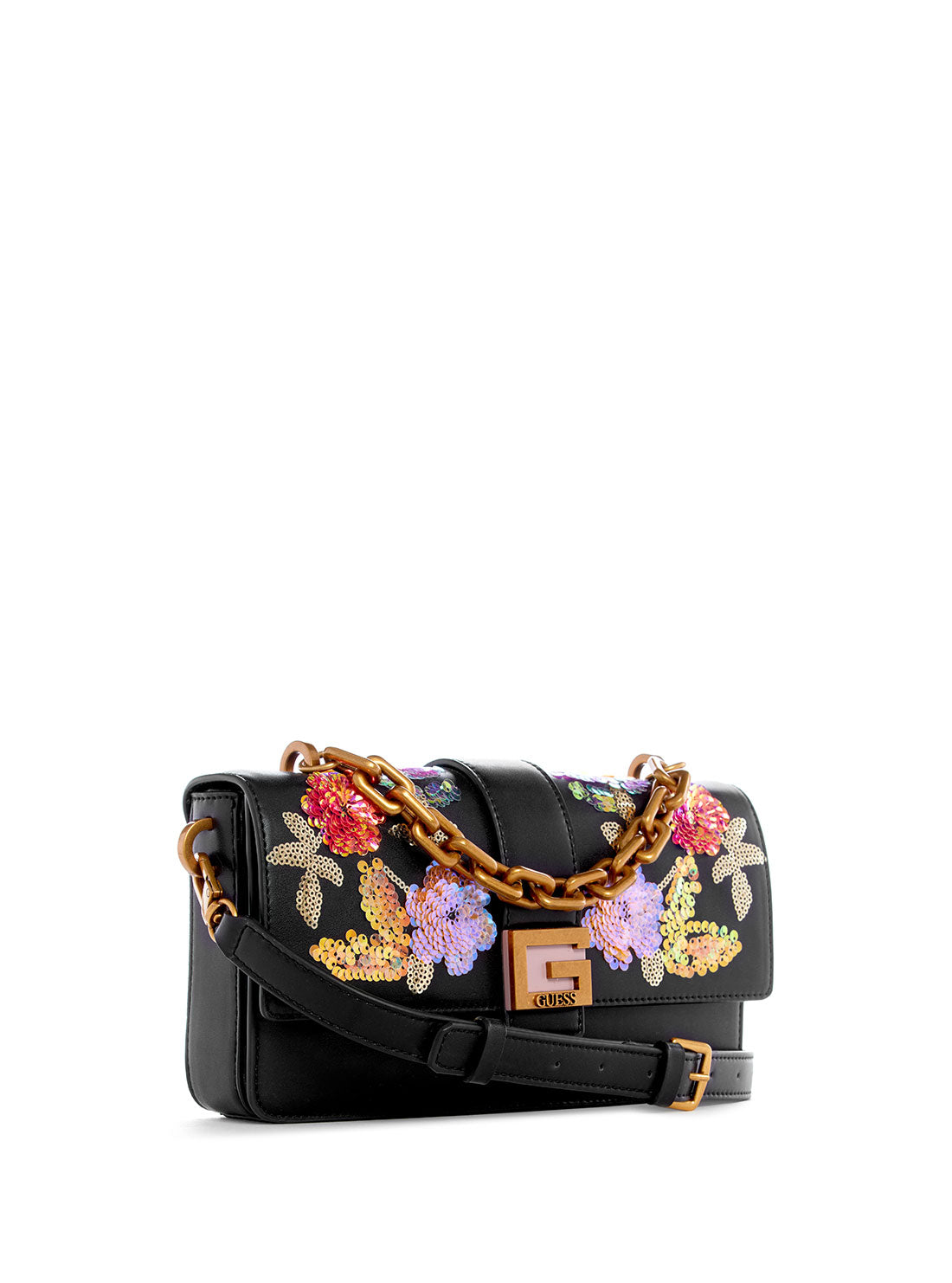 GUESS Women's Black Floral Morada Crossbody Bag FB868221 Front Side View