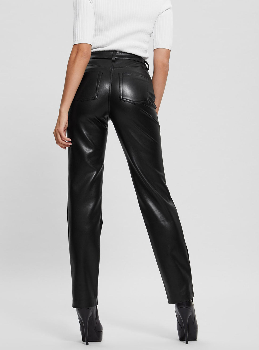 GUESS Women's Black Kelly Faux Leather Pants W3RA0MWF8P0 Back View
