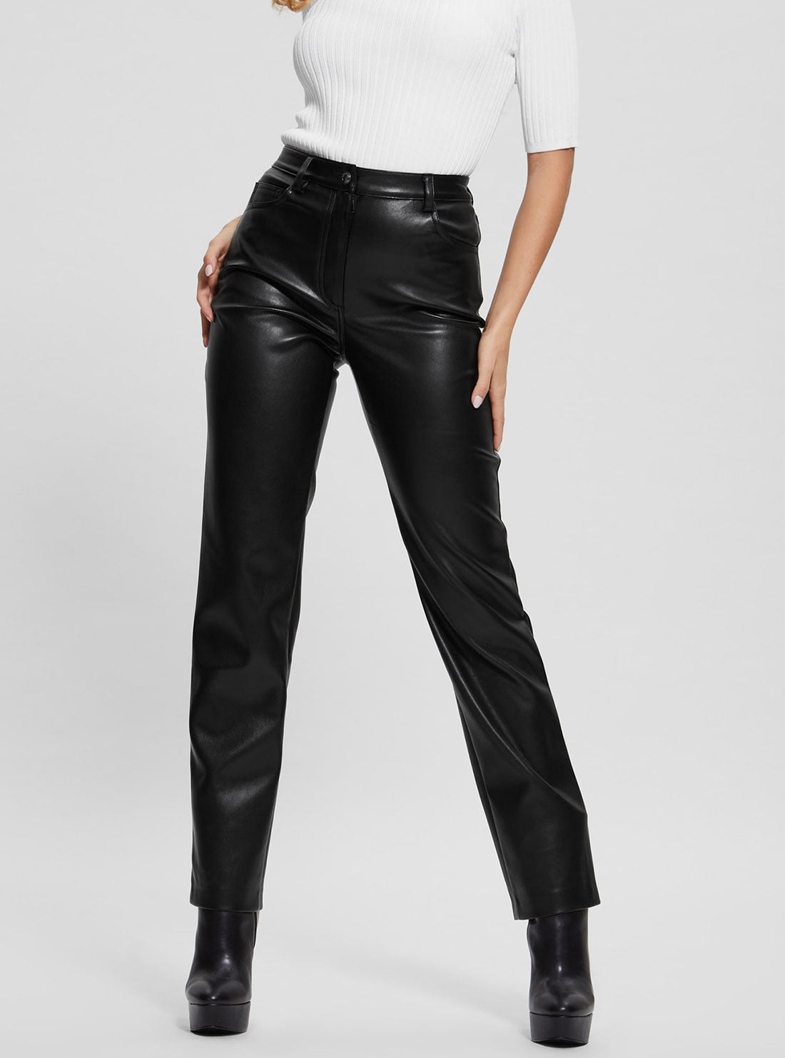 GUESS Women's Black Kelly Faux Leather Pants W3RA0MWF8P0 Front View
