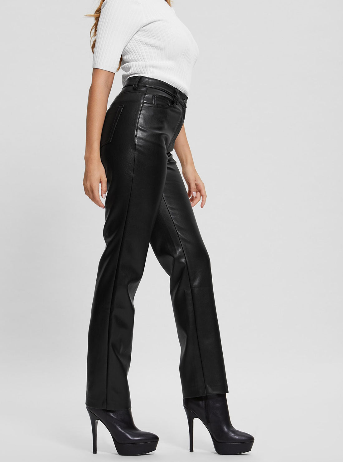 GUESS Women's Black Kelly Faux Leather Pants W3RA0MWF8P0 Side View