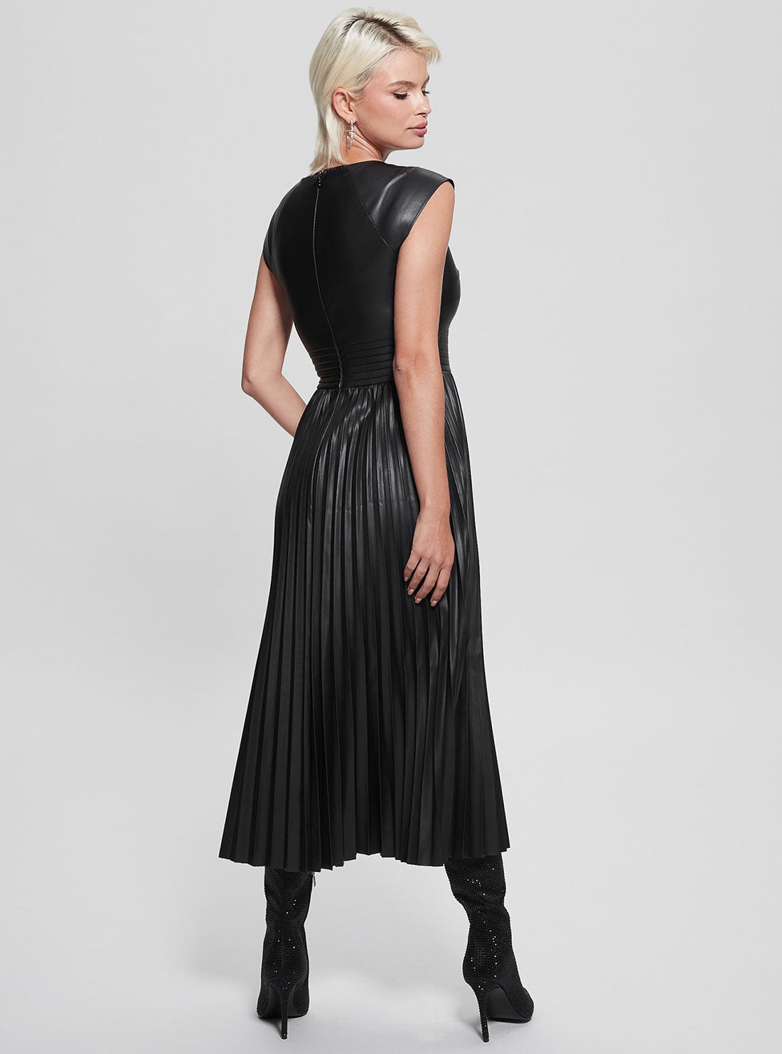 GUESS Women's Black Teri Faux Leather Midi Dress W2BK66WEVE0 Back View