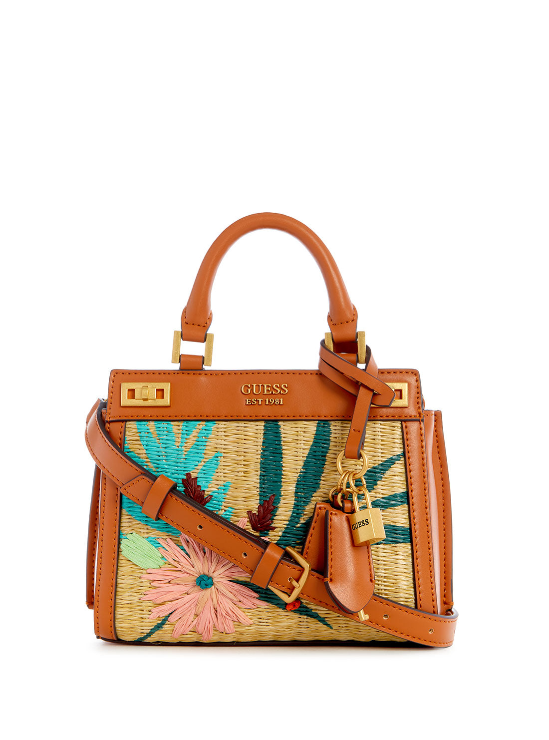 GUESS Women's Cognac Floral Katey Mini Satchel Bag WA787073 Front View