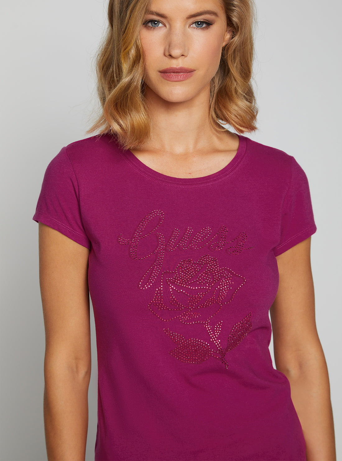 GUESS Women's Eco Magenta Rose Logo T-Shirt W2BI29KA0Q3 Detail View