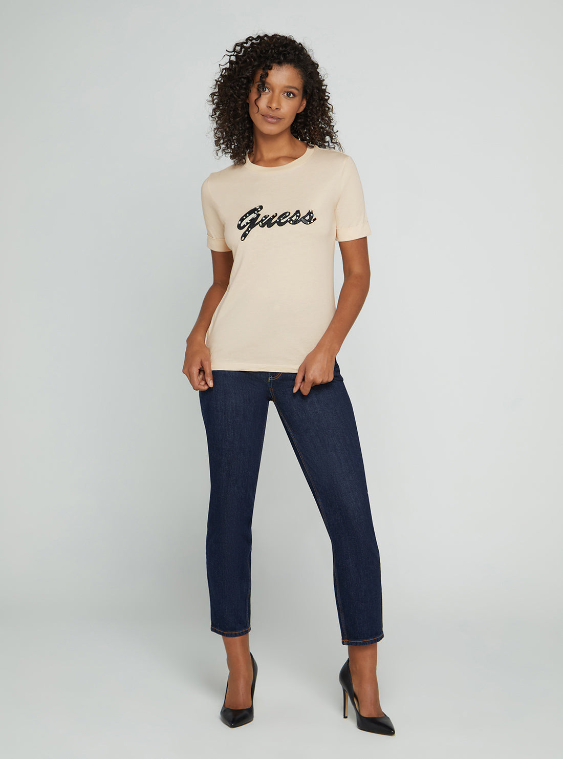 GUESS Women's Eco Pearl Oyster Nichita Logo T-Shirt W2BI15K46D1 Full View
