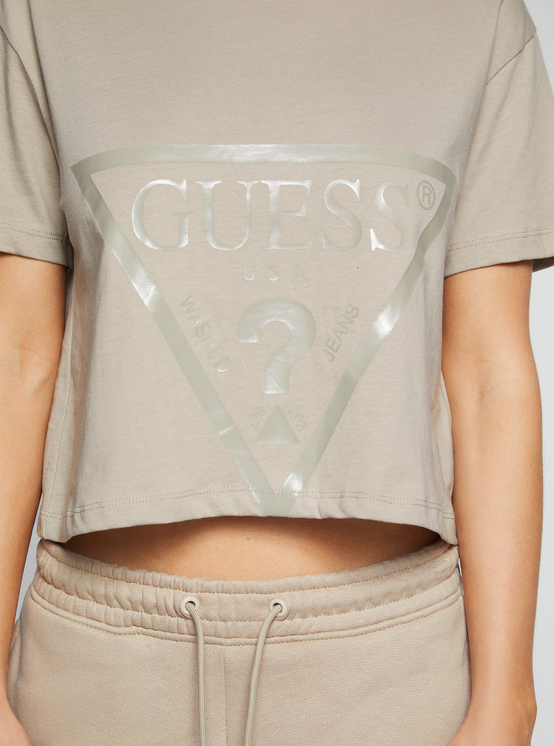 GUESS Women's Eco Taupe Adele Active Crop T-Shirt V2YI06K8HM0 Detail View