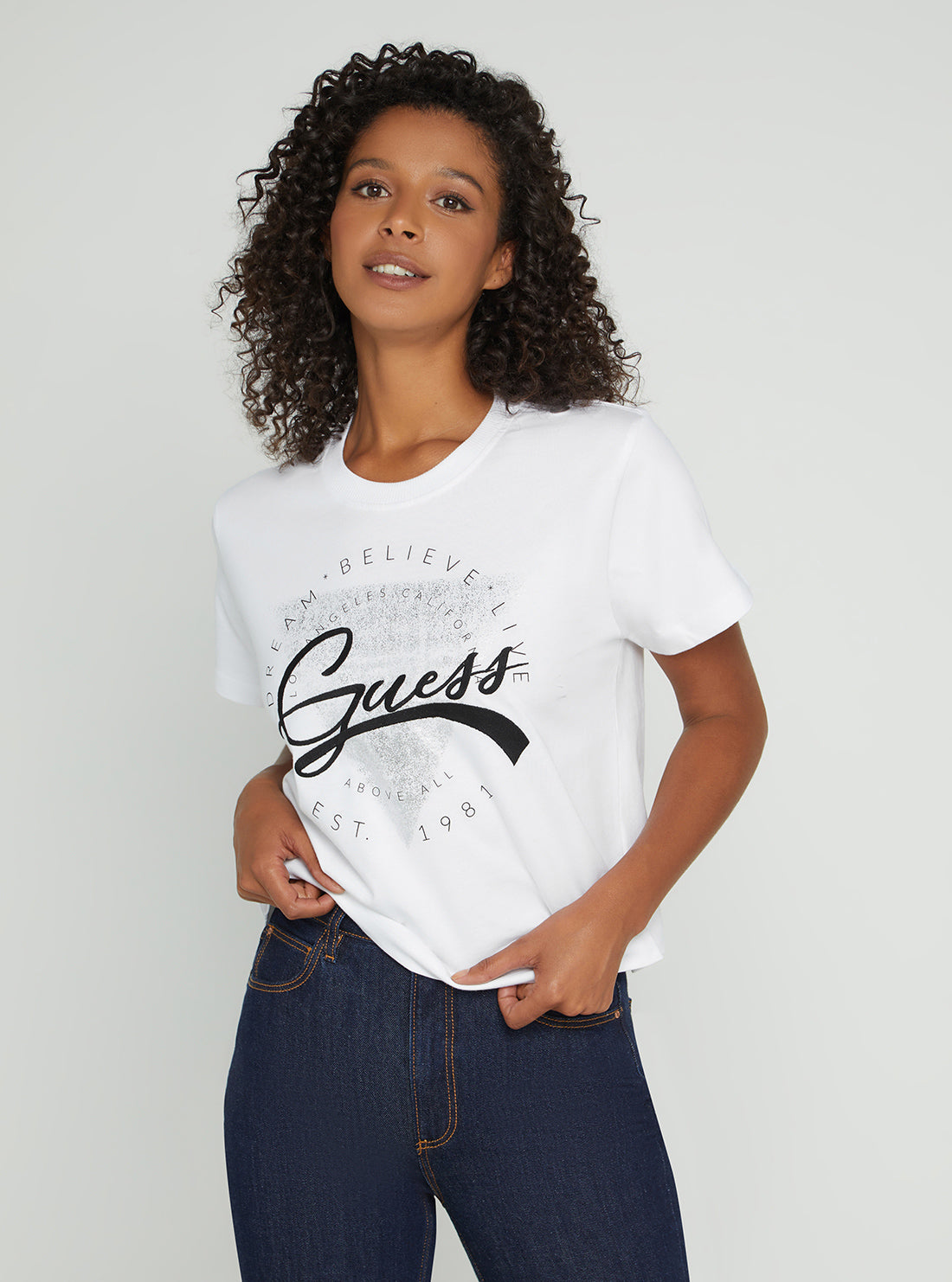 GUESS Women's Eco White Rocsena Logo T-Shirt W2BI18K8FQ4 Front View