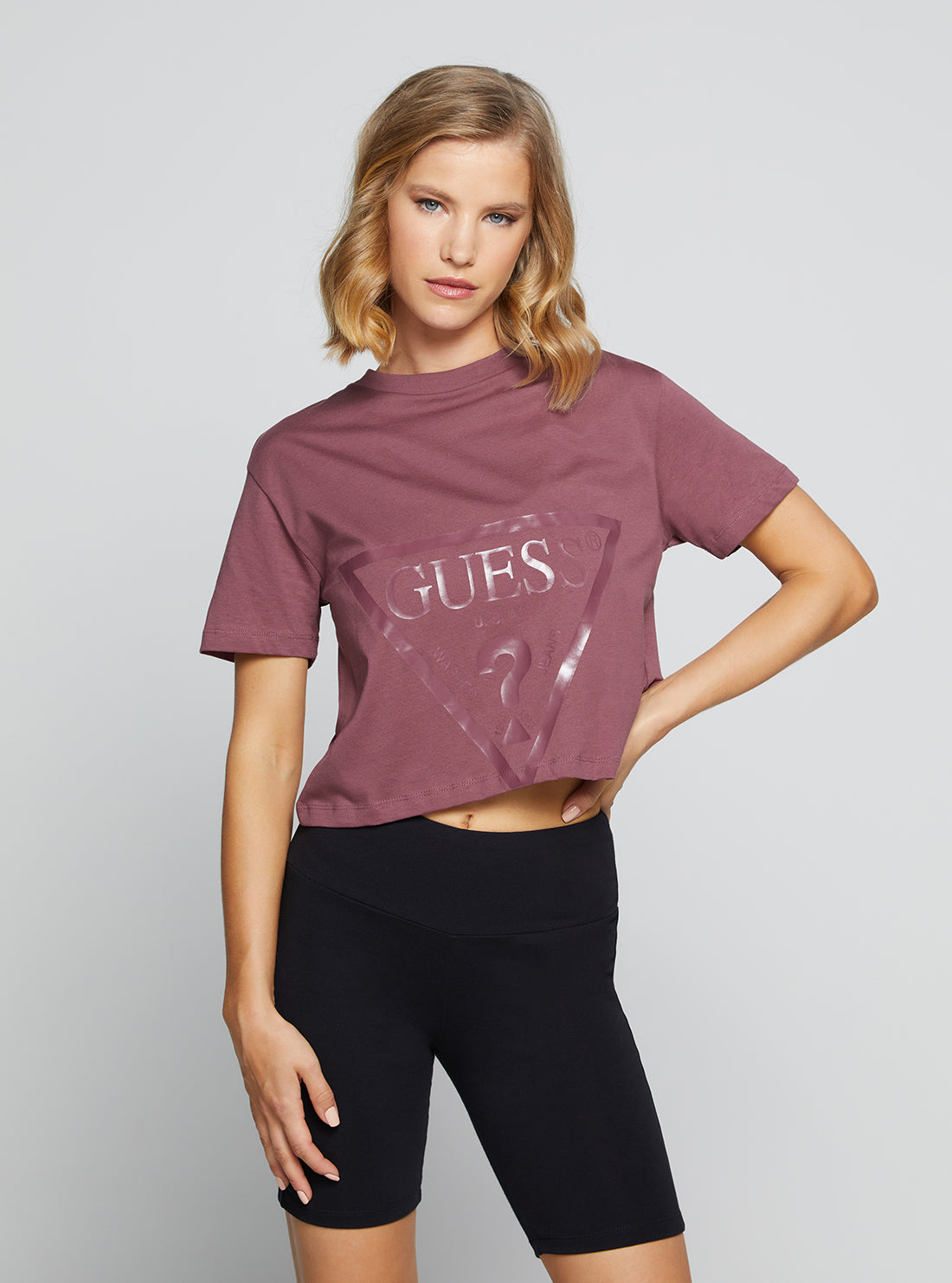 GUESS Women's Eco Wine Adele Active Crop T-Shirt V2YI06K8HM0 Front View