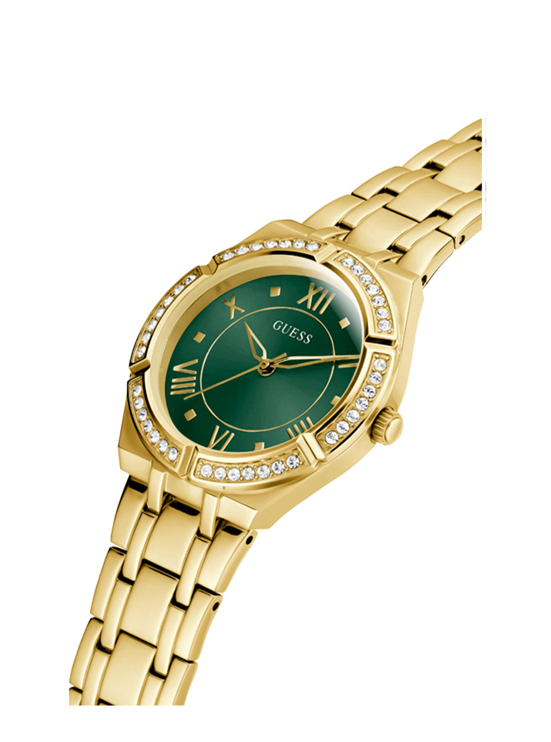 GUESS Women's Gold Cosmo Green Crystal Watch GW0033L8 Angle View