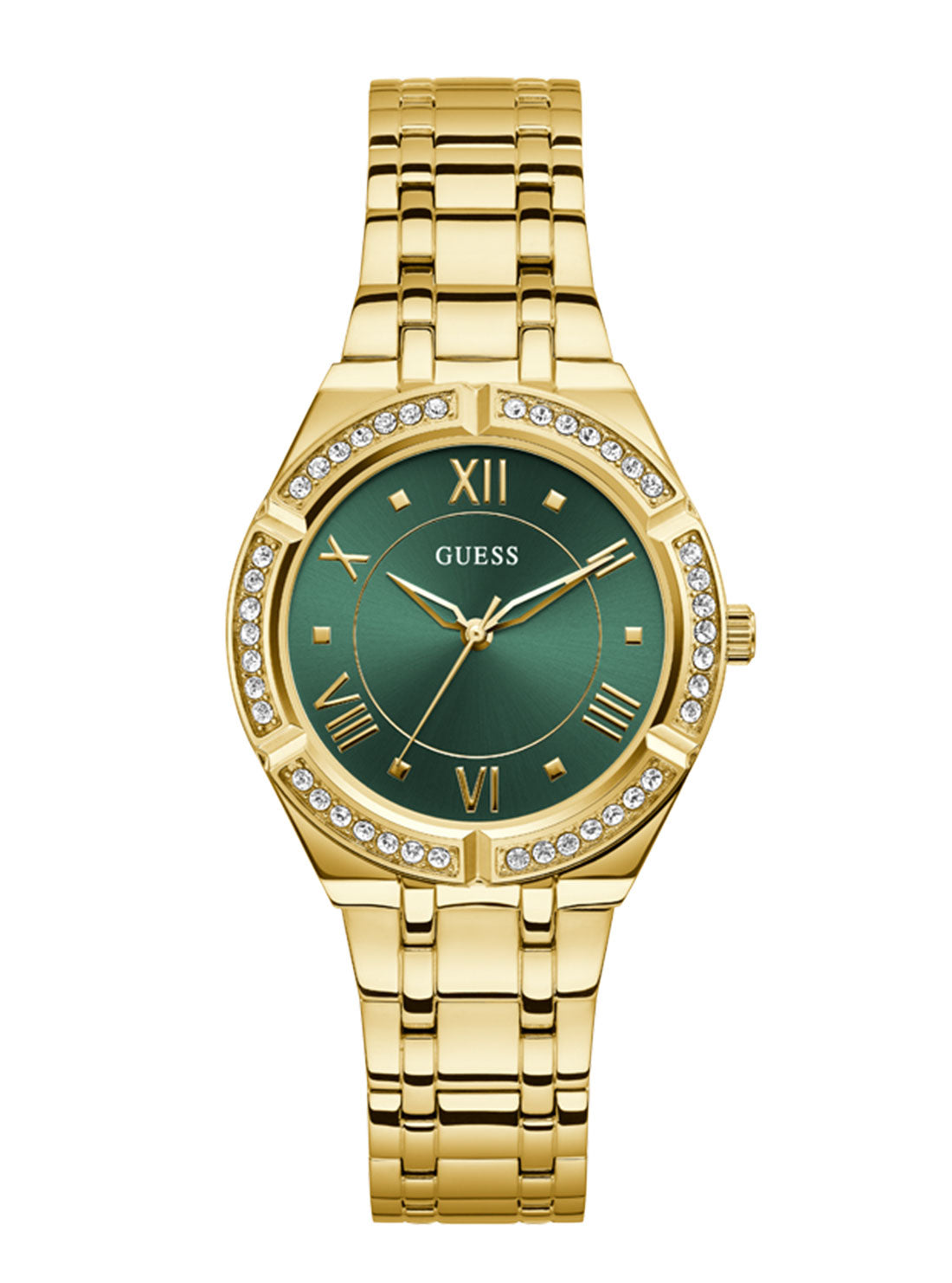 GUESS Women's Gold Cosmo Green Crystal Watch GW0033L8 Front View