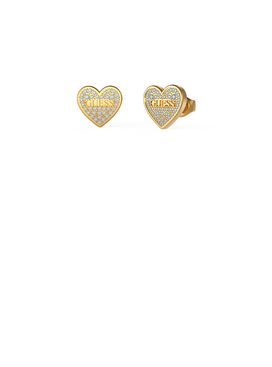 GUESS Women's Gold Crystal Heart Logo Stud Earrings UBE02173JWYG Front View