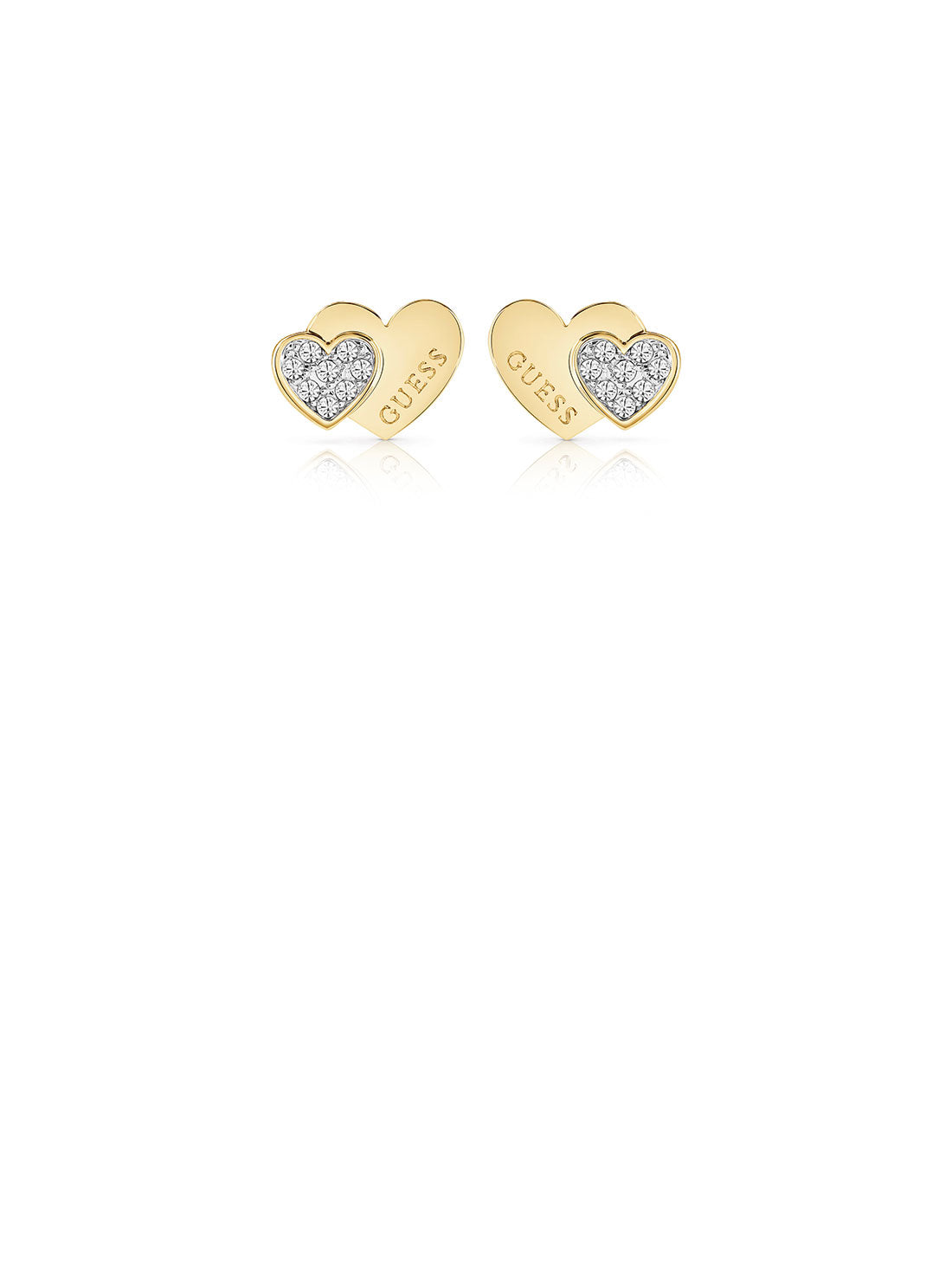 GUESS Women's Gold Double Heart Stud Earrings UBE02174JWYG Front View