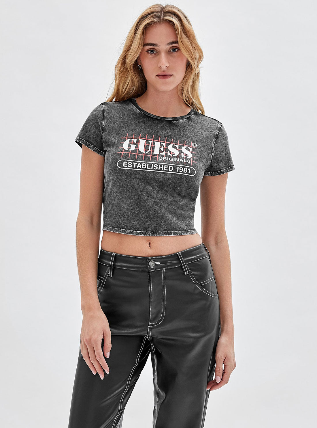 GUESS Women's Guess Originals Black Raelyn Grid Logo Crop T-Shirt W2YI21K9RM1 Front View