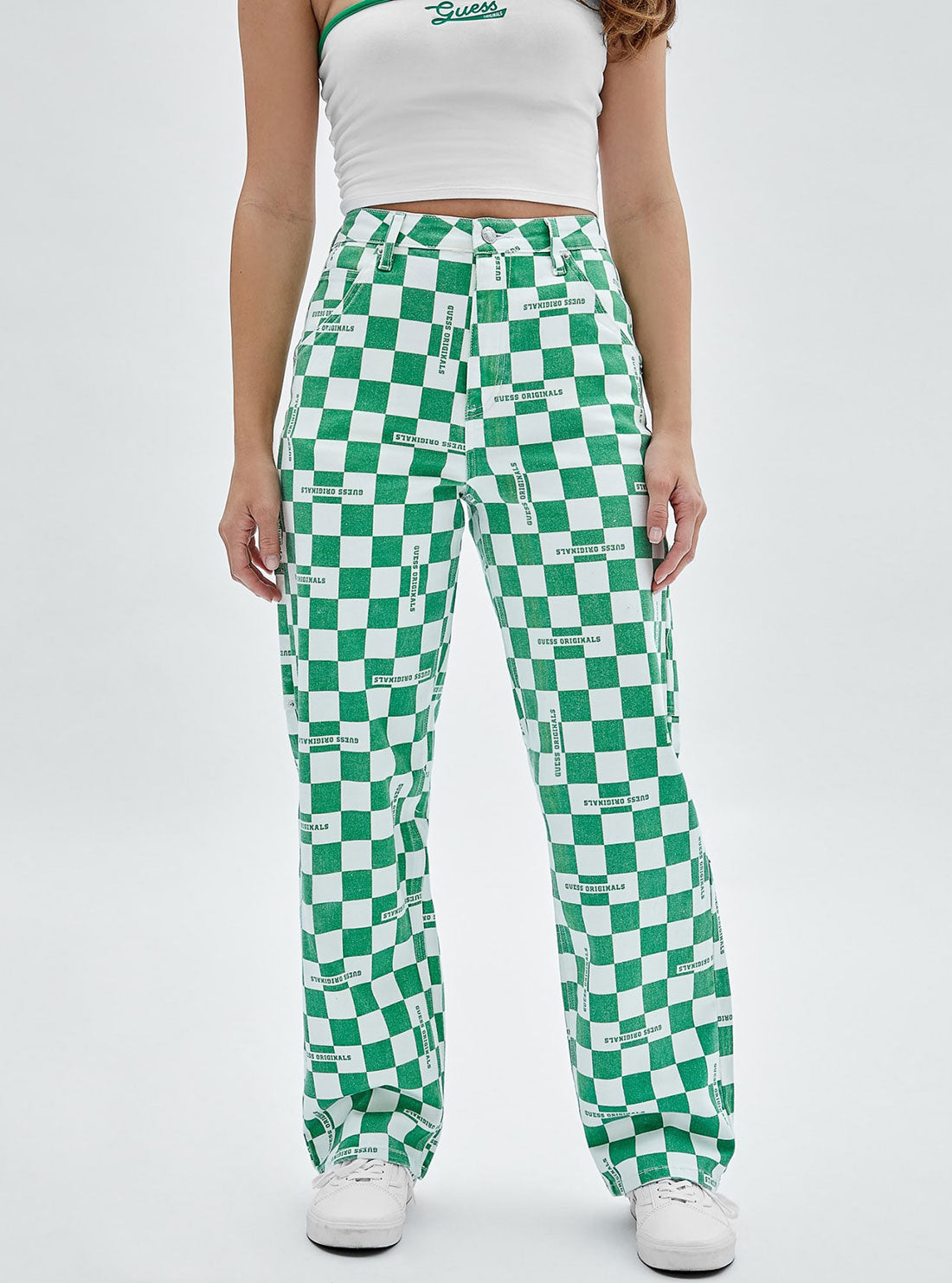 GUESS Women's Guess Originals Green Checkered Carpenter Pants W2YG10D4RG0 Front View