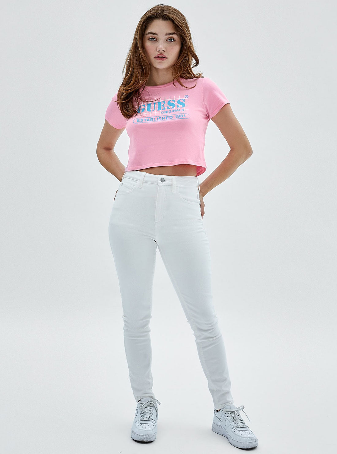 GUESS Women's Guess Originals Pink Raelyn Grid Crop Baby T-Shirt W2YI21K9RM1 Full View