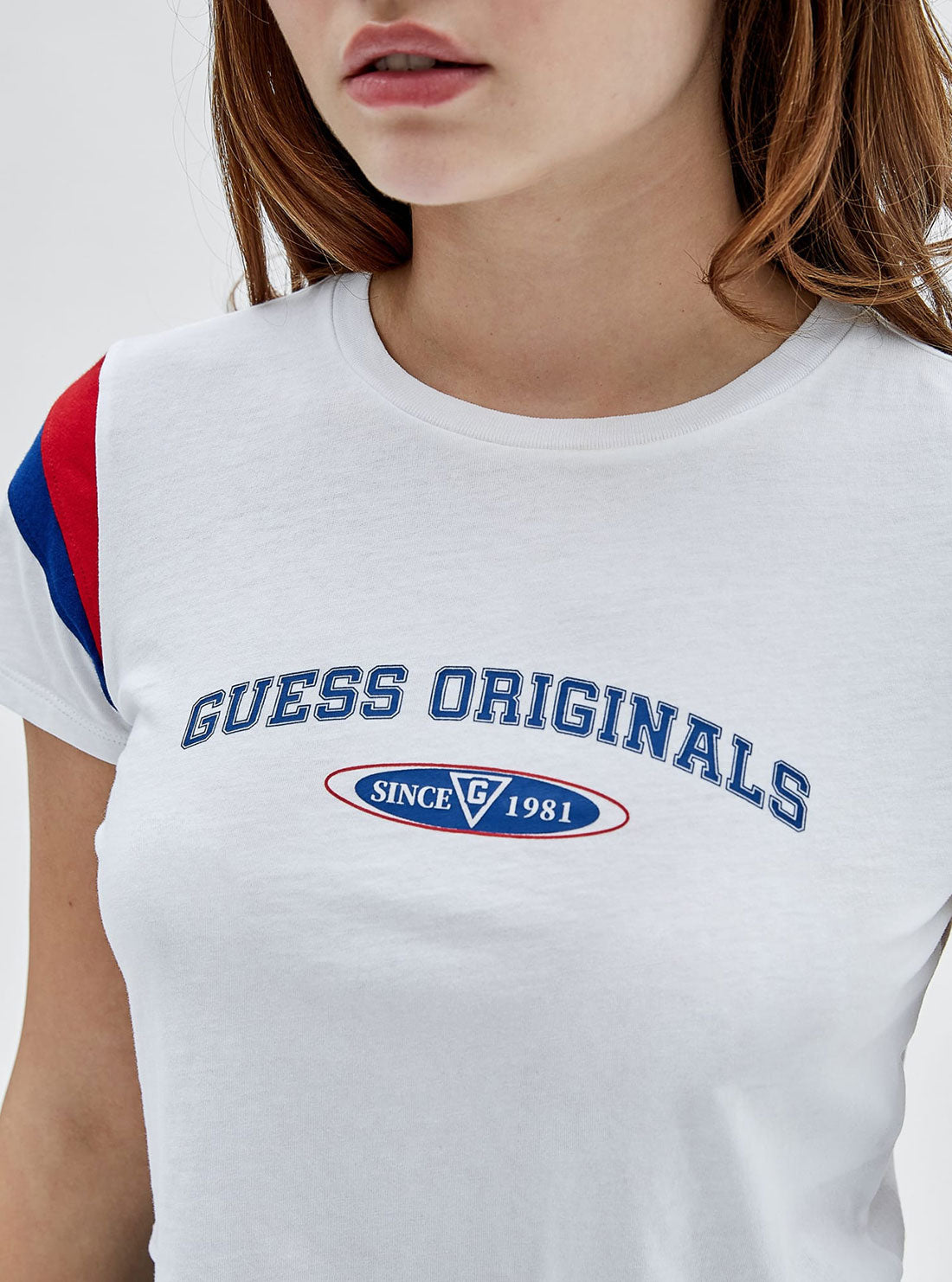 GUESS Women's Guess Originals White Natashia Crop Baby T-Shirt W2YI22K9RM1 Detail View