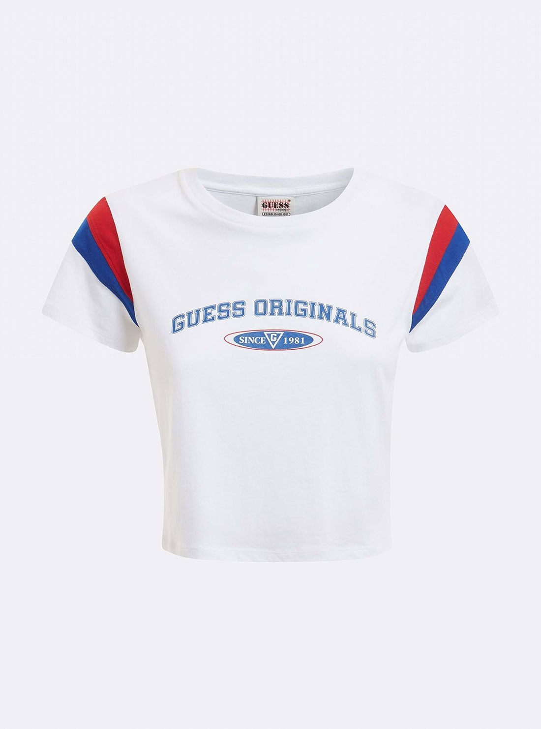 GUESS Women's Guess Originals White Natashia Crop Baby T-Shirt W2YI22K9RM1 Ghost Front View