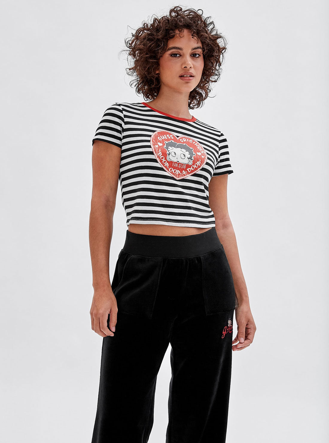 GUESS Women's Guess Originals x Betty Boop Black Striped Baby T-Shirt W2BP36KBA83 Front View