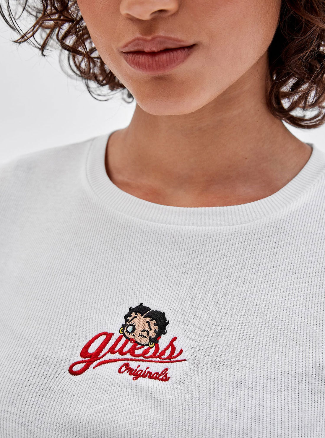 GUESS Women's Guess Originals x Betty Boop White Ribbed T-Shirt W2BP10RAPC3 Detail View