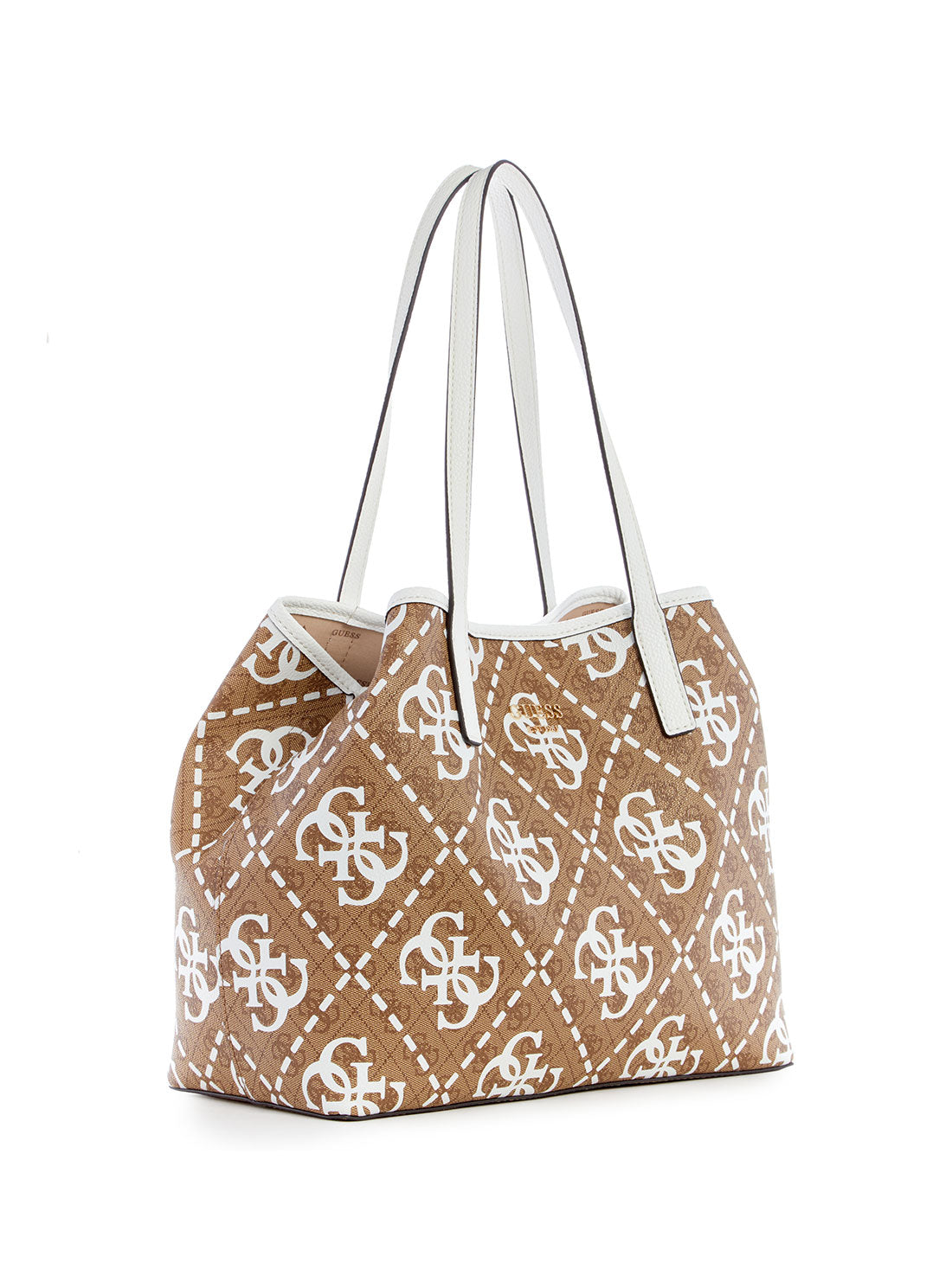 GUESS Women's Latte White Logo Vikky Tote Bag OQ699523 Angle View
