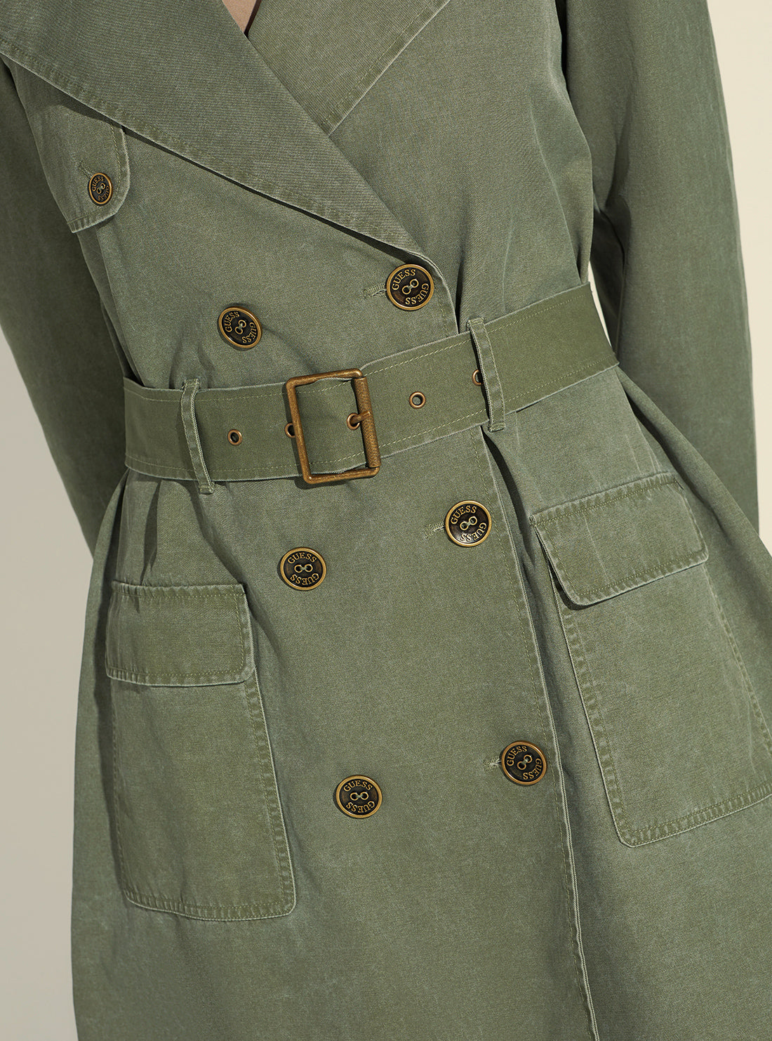 GUESS Women's Leaf Green Prisca Trench Coat W2YL12WE4F0 Detail View